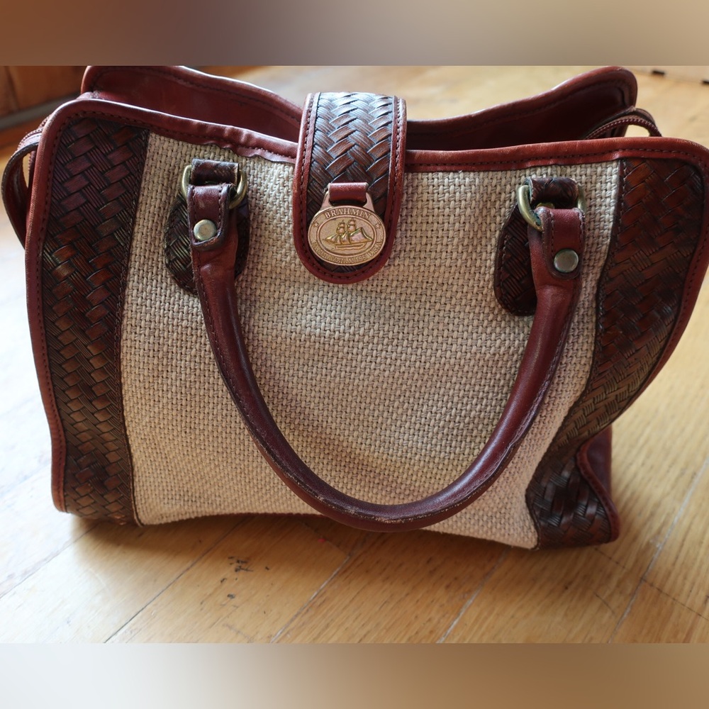 Vintage Brahmin Two-Tone Woven Fabric and Leather crossbody satchel